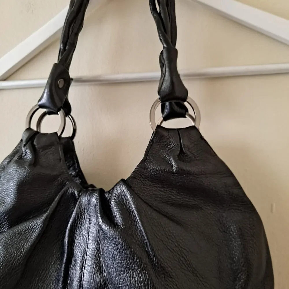 Elliott Lucca Black Leather Double Strap Medium Purse / Bag with Zip & Snap Lock